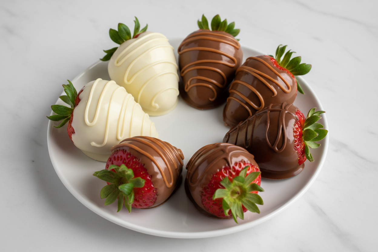 dozen mix of white chocolate, chocolate and dark chocolate covered strawberries